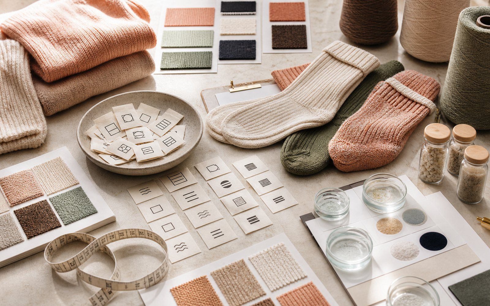 Care label samples, knitted swatches, socks, yarn cones and wash-test planning cards