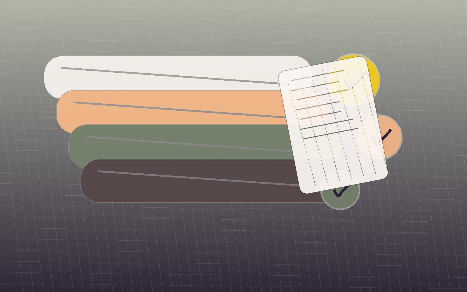 Layered fabric rolls, checklist cards and abstract certification marks