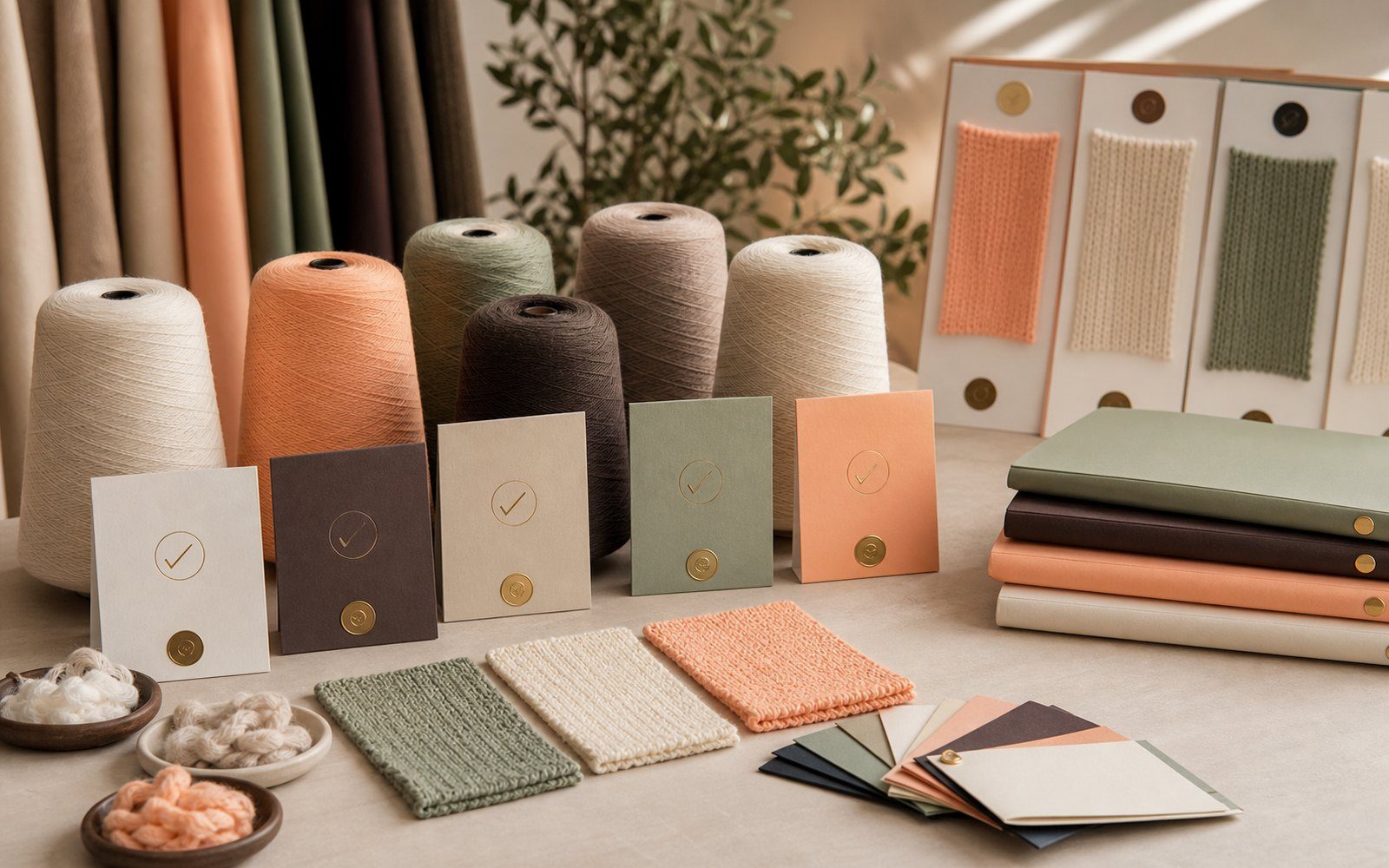 Certified yarn planning table with yarn cones, knitted swatches and documentation cards