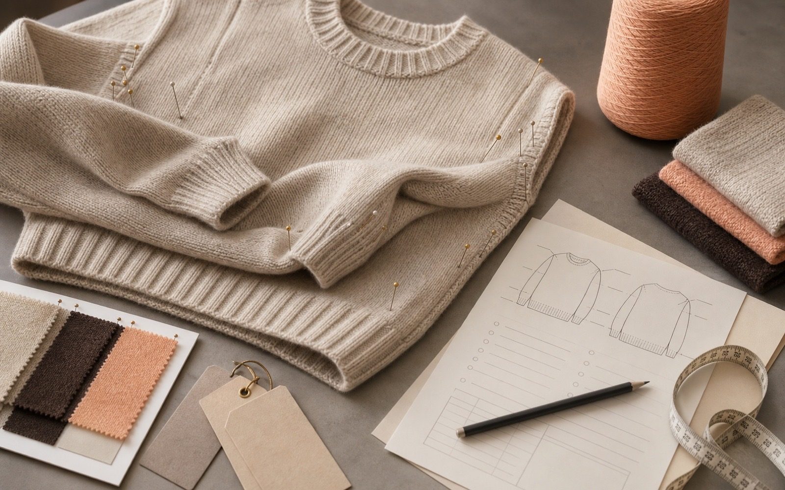 Knitwear fit sample with pins, measurement tape, yarn cone and comment sheets on a worktable
