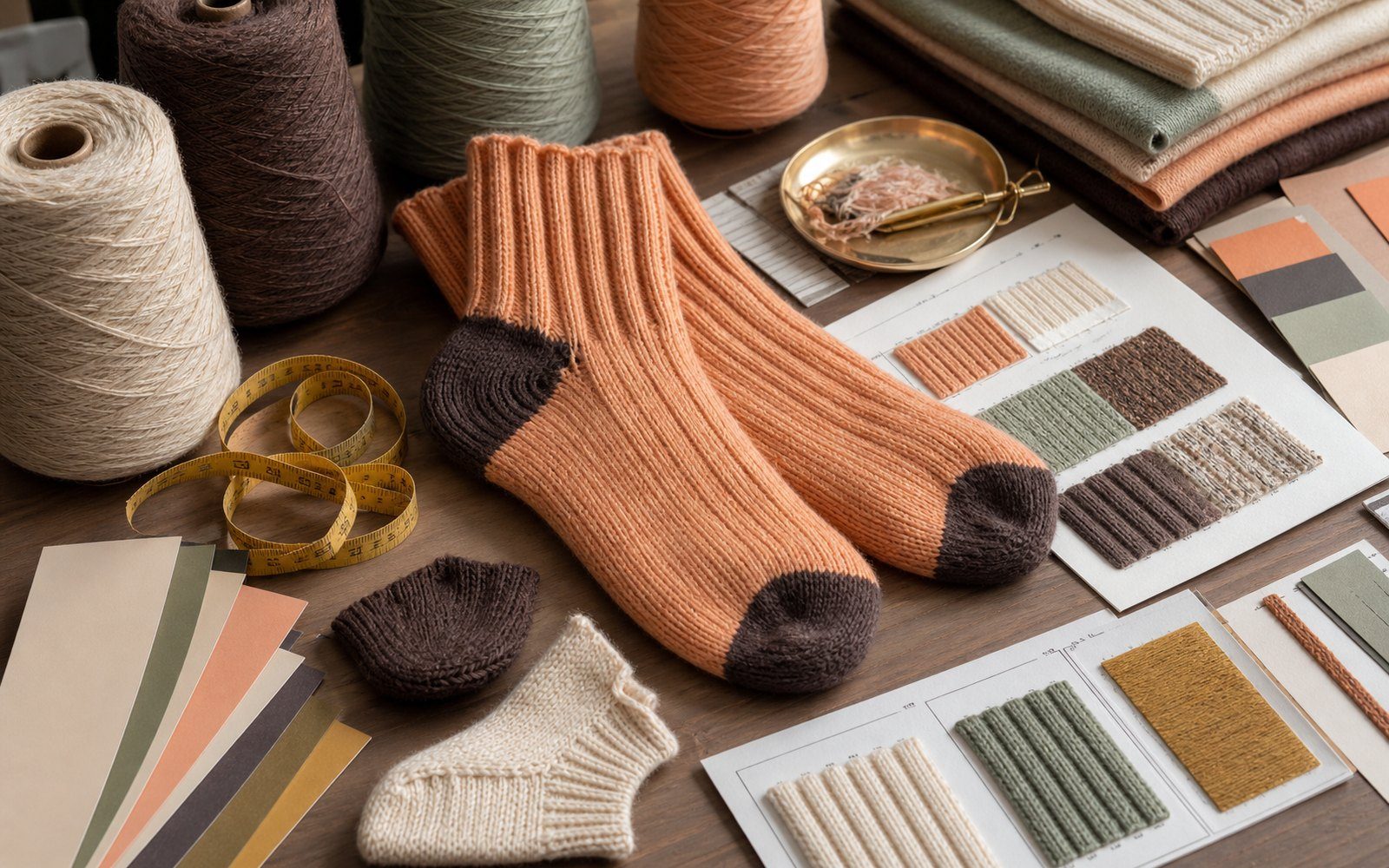 Heavy-gauge socks, yarn cones, construction swatches and measurement tape on a textile development table