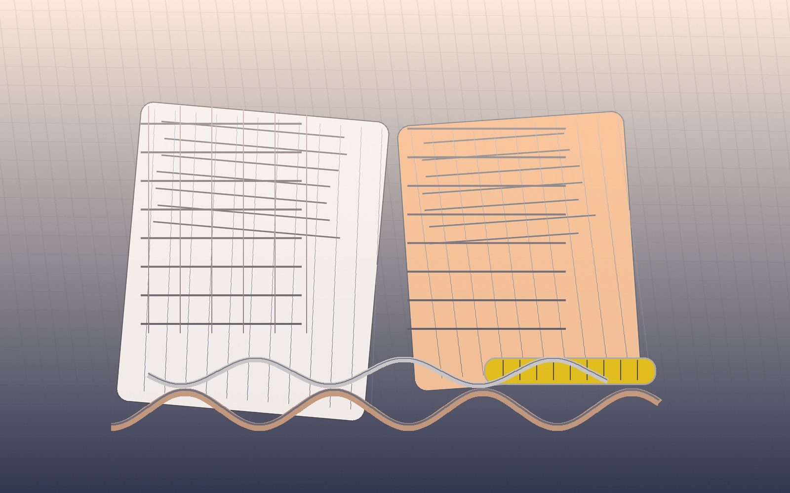 Knitwear measurement chart, sample garment panels and measuring tape on a textile planning table