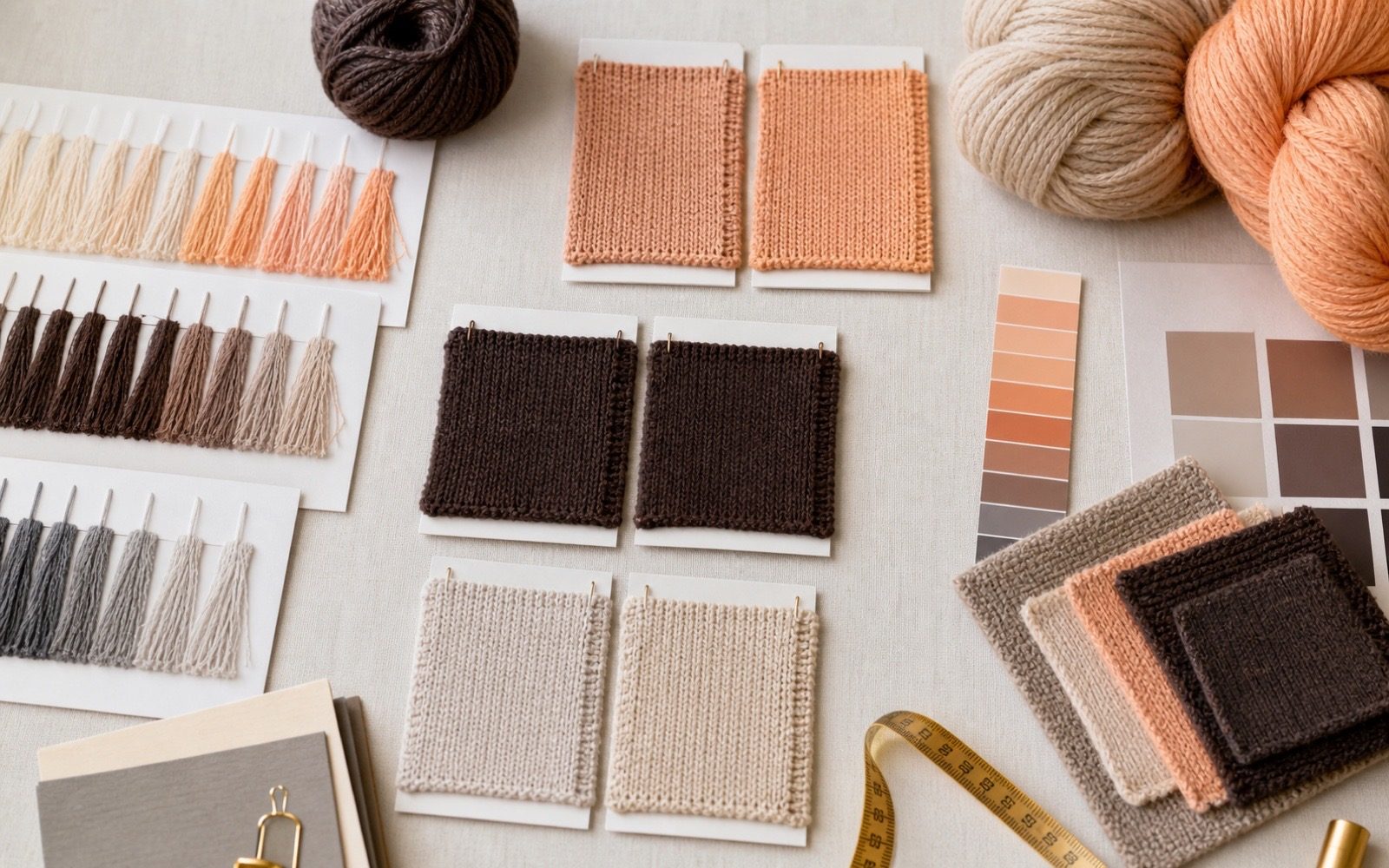Knitted lab dip swatches, yarn shade cards and color chips arranged for approval