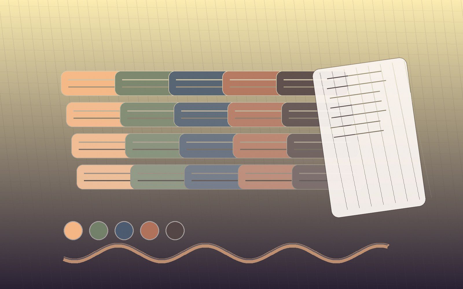 Stacked textile quantity blocks, color chips and planning cards