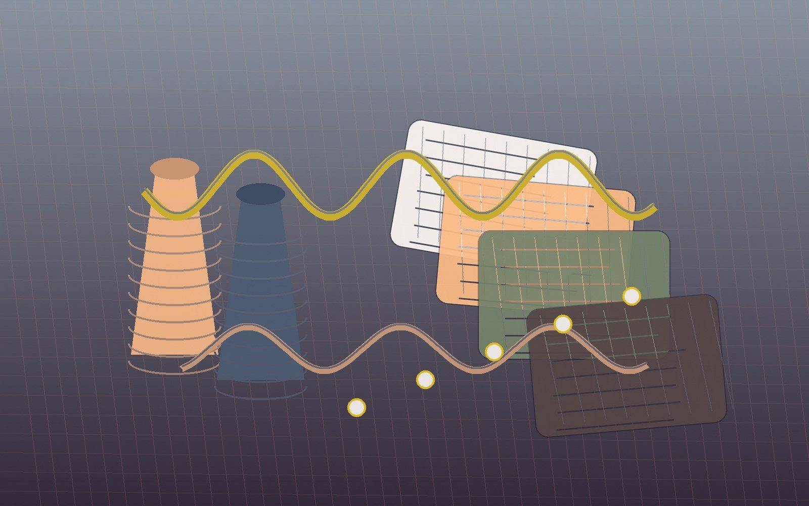 Yarn cones, sample cards and a curved development path