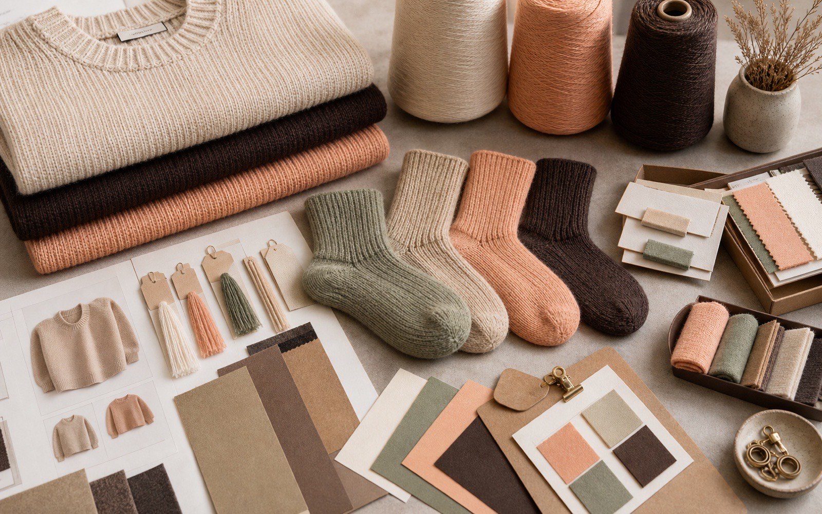 Capsule textile development setup with folded knitwear, socks, yarn cones, color swatches and planning cards