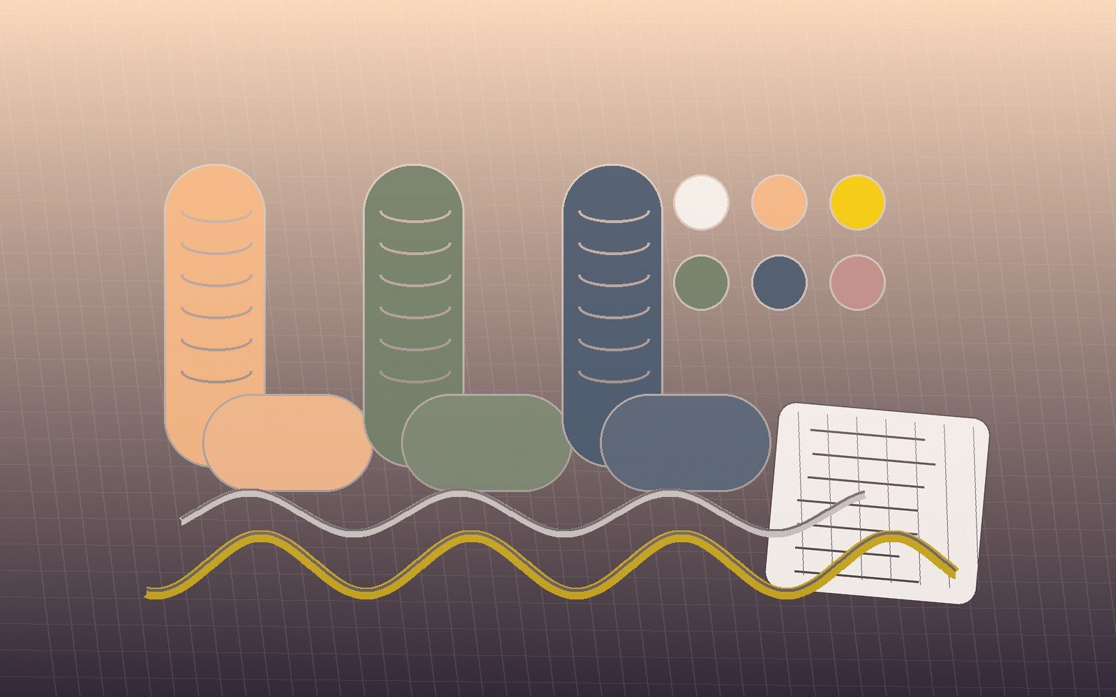 Heavy-gauge socks, yarn cones and fiber swatches arranged for material blend planning