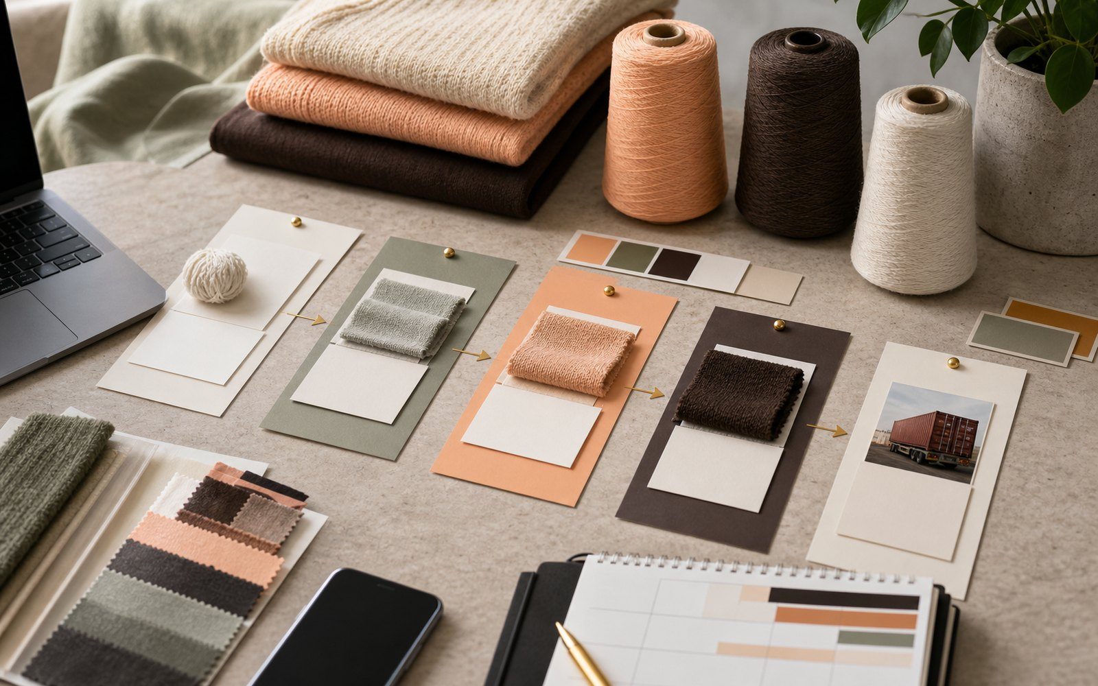 Textile sourcing desk with weekly planning cards, yarn cones, swatches and supplier update notes