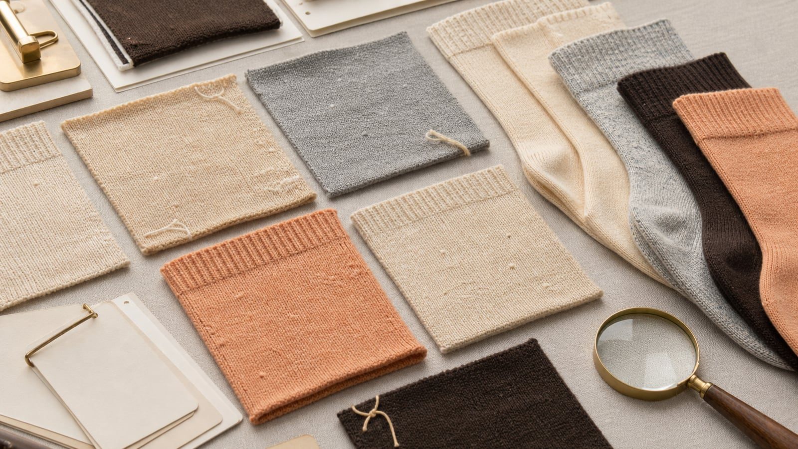 Knitwear and socks swatches arranged with blank review cards and a magnifier for textile defect discussion