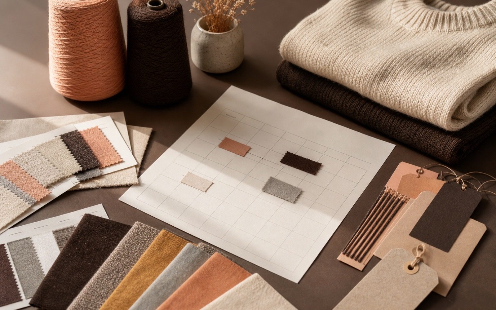 Textile planning desk with yarn cones, swatches, calendar grid and folded knitwear samples