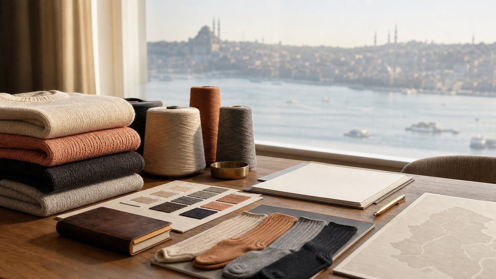 Knitwear, socks, yarn cones and blank visit agenda sheets prepared beside an Istanbul waterfront window