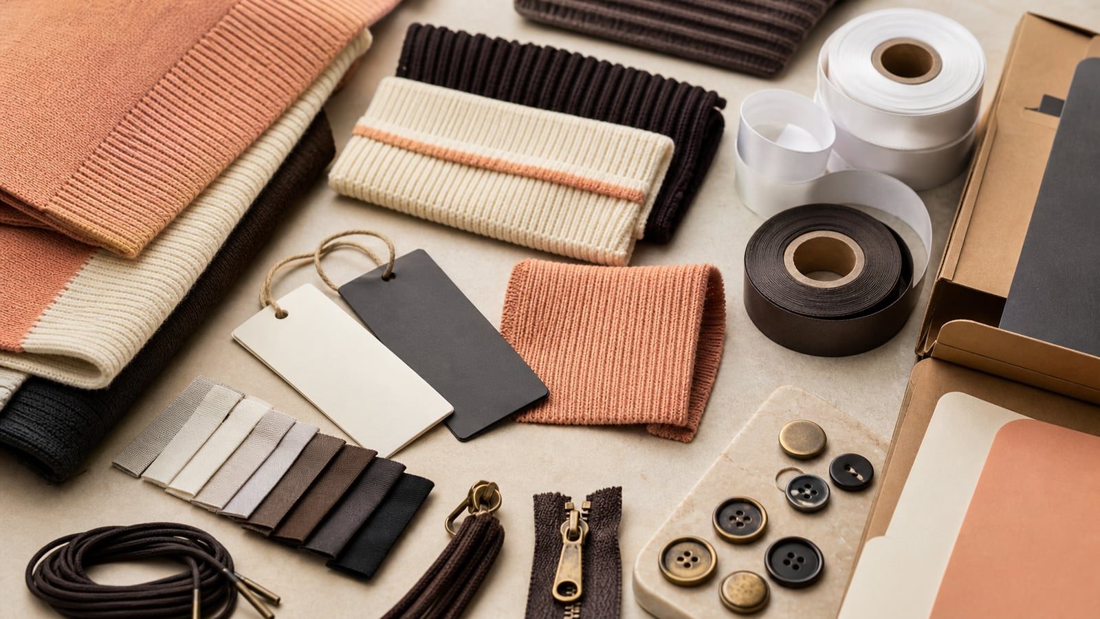 Knit rib panels, blank hangtags, label tapes, buttons and trim materials arranged for production briefing