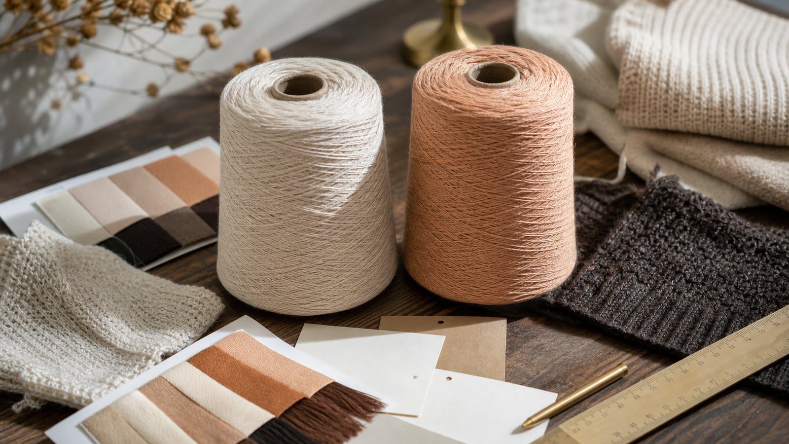 Two yarn cones, knit swatches and blank approval cards arranged for yarn substitution planning